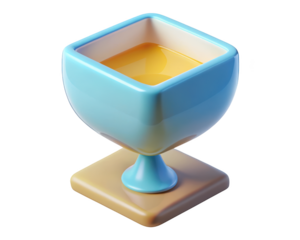 Stylized light blue cup filled with orange liquid sits on square platform 3d illustration isolated on transparent background