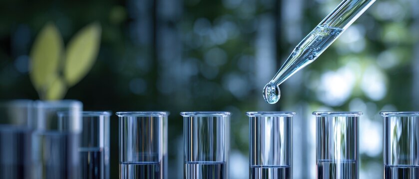 The pipette drops liquid into test tubes against a blurred green background.