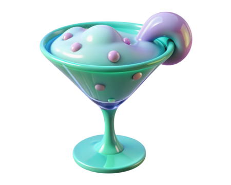 Stylized martini glass with mint green cocktail and lavender garnishes 3d illustration isolated on transparent background