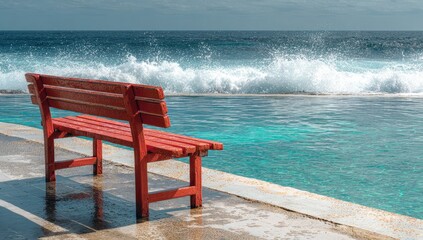 Red wooden bench by a turquoise pool, waves crashing in the background