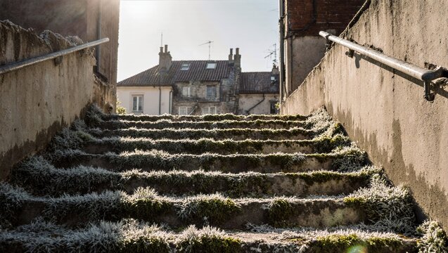 Frost Covered Stone Staircase with Sunlight Winter Village Scene - Powered by Adobe