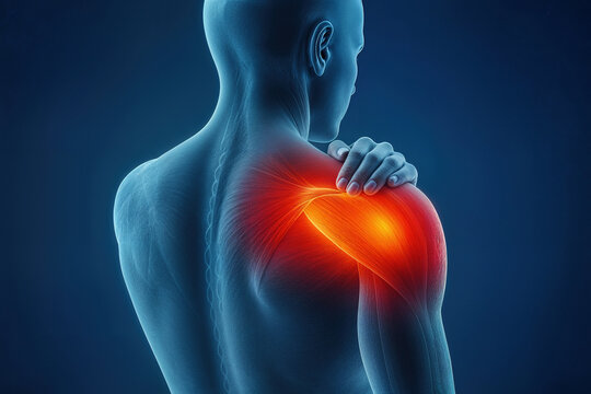 3D medical illustration of  man with severe shoulder pain. Highlighted rotator cuff muscle injury. Concept of shoulder inflammation and muscle tear.