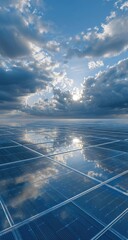 Solar panels reflecting a partly cloudy sky.  A vast array of solar panels, arranged in a grid, perfectly reflect the sky above, creating a mirrored image of the clouds and sun. 