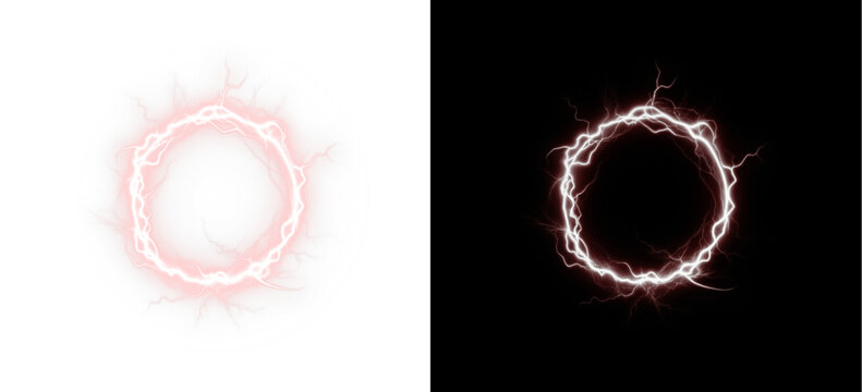 Magic, red, abstract, neon plasma ring spark glowing with electric lightning energy. Transparent portal PNG effect, futuristic thunder circle PNG Overlay for storm and shock design themes. - Powered by Adobe