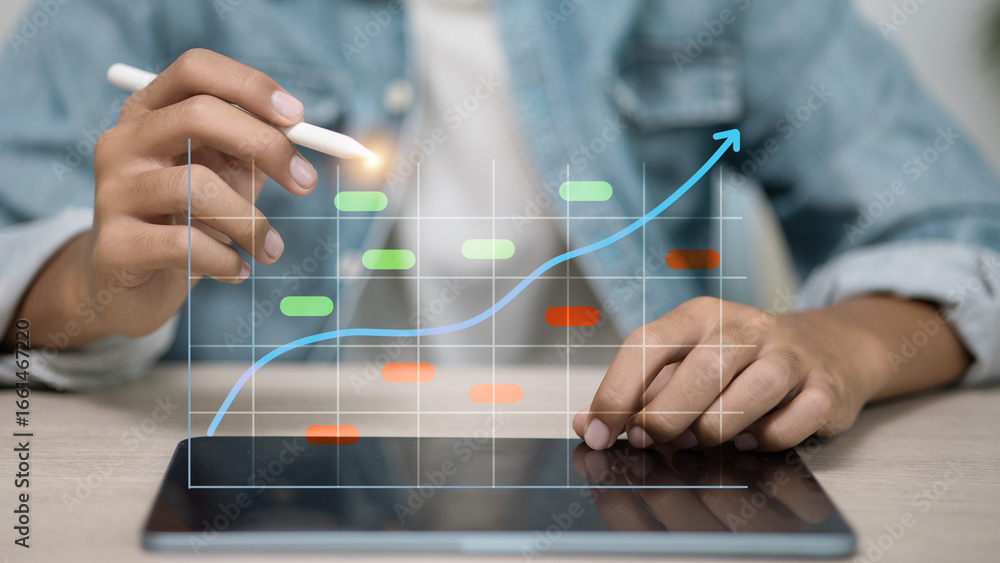 Poster business analyst using digital pen on tablet with growth chart and data analytics dashboard