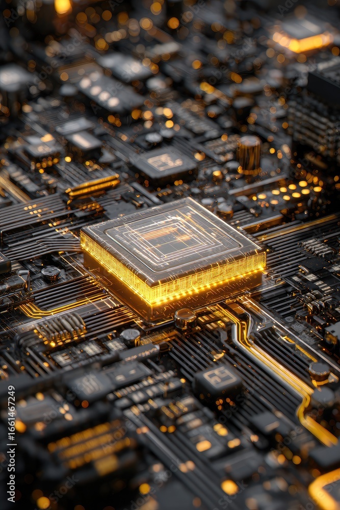 Fototapete close-up view of a glowing processor chip on a complex circuit board. intricate network of dark line