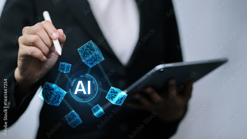 Poster artificial intelligence technology with businessman using digital tablet and virtual data
