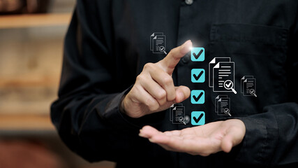 Businessman Touching Digital Checklist with Approved Documents and Task Management Icons