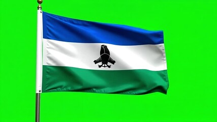 Lesotho national flag waving proudly on green screen for chroma keying and visual effects