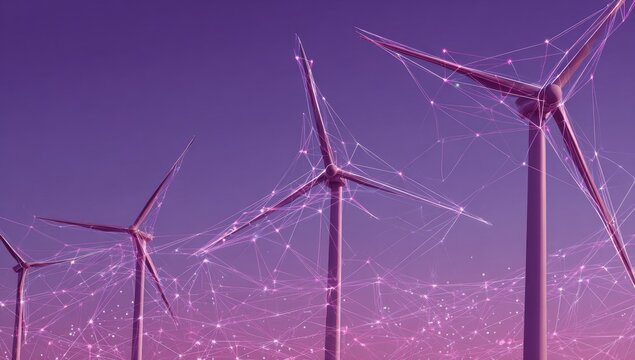 Wind turbines connected by a network of glowing lines against a violet sunset