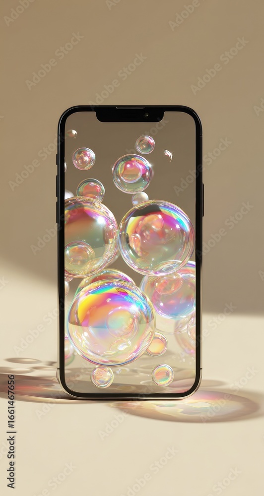 Poster smartphone displaying a graphic of multicolored soap bubbles
