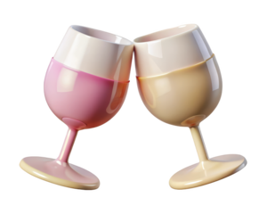 Two elegant wine glasses pink and beige tones toasting together celebration drinks 3d illustration isolated on transparent background