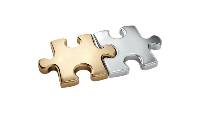 Realistic Interlocking Gold and Silver Puzzle Piece Collaboration Partnership Element