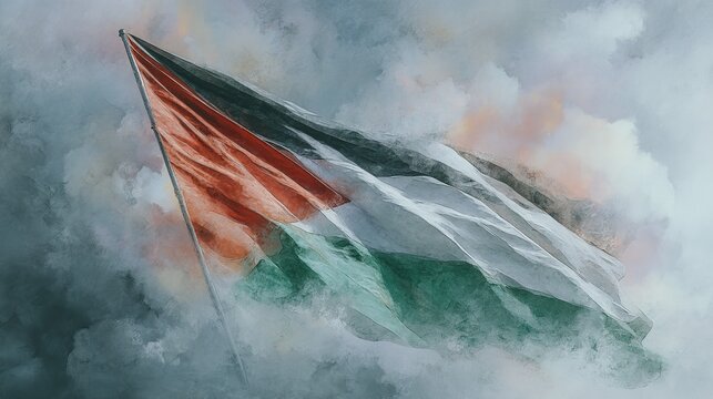 A vibrant Palestinian flag waves powerfully against a painted sky backdrop symbolizing resilience