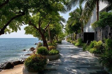 Obraz premium Quiet Shoreline Walking Path Surrounded By Verdant Growth And Mineral Ground 