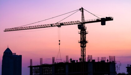 Silhouette of Construction Crane at Sunset over a Building Under Construction
