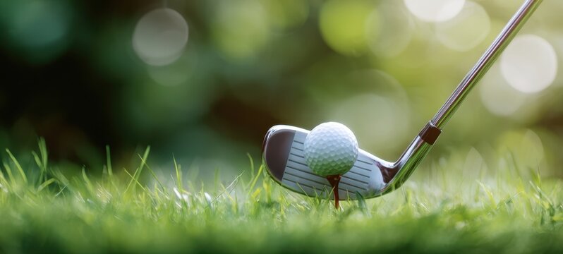 The golf club poised perfectly over the ball on lush green grass.