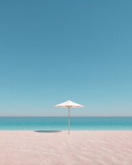 A single white beach umbrella stands on a pale pink sandy beach, facing a tranquil turquoise ocean against a vibrant cerulean sky