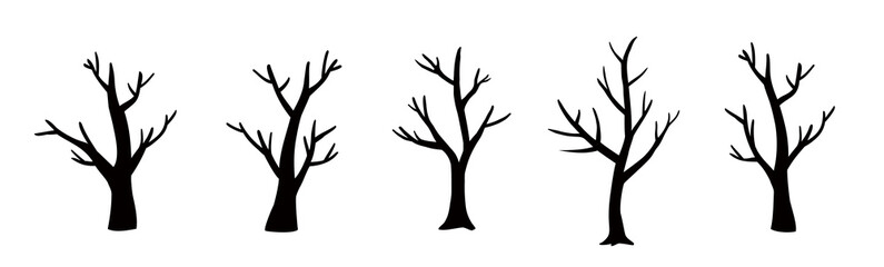 Fototapeta premium Set of Dead tree black silhouette vector art, Icons, and graphics. Halloween tree by hand drawing. White background.
