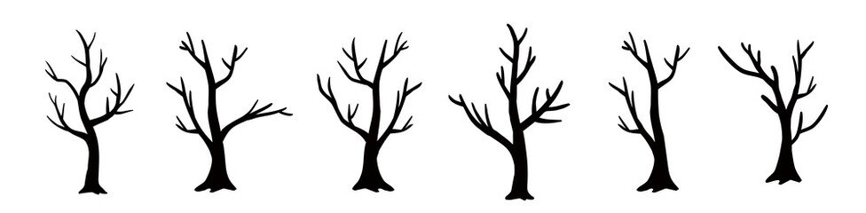 Set of Dead tree black silhouette vector art, Icons, and graphics.
Halloween tree by hand drawing.
White background.