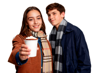 Smiling teenage girl offering hot chocolate with whipped cream, standing with friend in warm scarves, cozy studio portrait.