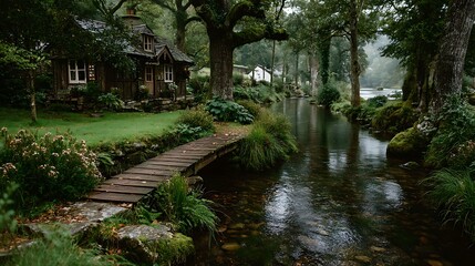 Crystal clear pond with garden bridge high resolution image
