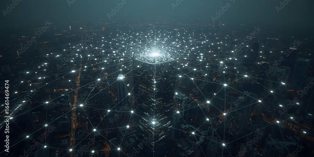 Aufkleber digital network abstract: a complex, futuristic network of interconnected data nodes, symbolized by 