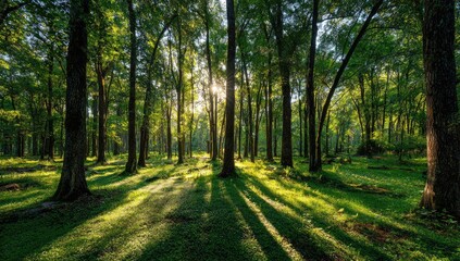 Obraz premium Sunlight streams through a dense forest. Sunlight dappling forest floor