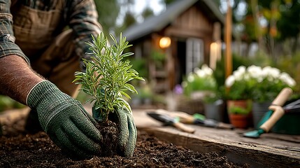 Gardener planting young sapling in soil bed high resolution image