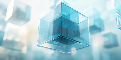 Transparent glass cube floating in air on light blue background with blurred abstract geometric shapes, futuristic technology and business concept for modern design applications