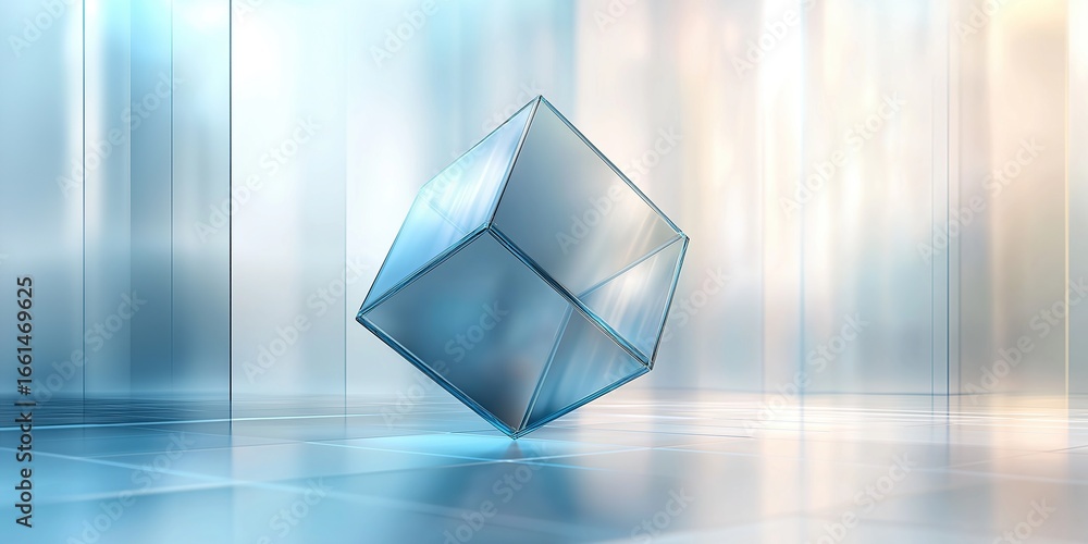 Poster blue glass cube with light color gradient and reflective surfaces placed in empty space, soft lighti