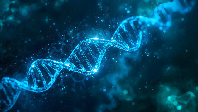 DNA Helix Illuminated: A captivating view of a luminous DNA double helix, spiraling against a backdrop of shimmering, stylized stars and a dark background.