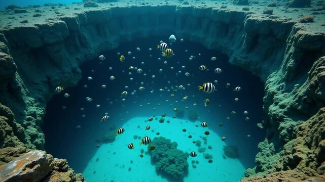 Underwater sinkhole teeming with striped fish surrounded by rocky edges and clear blue water