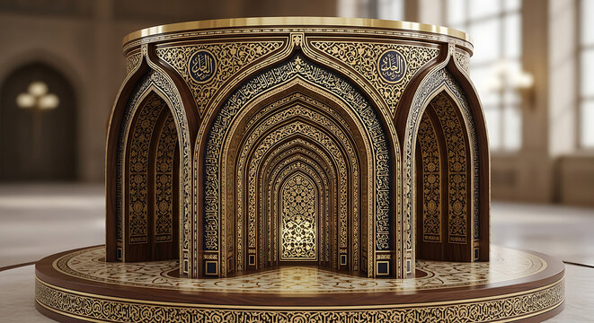 Intricate golden islamic architectural pavilion with arches and detailed patterns