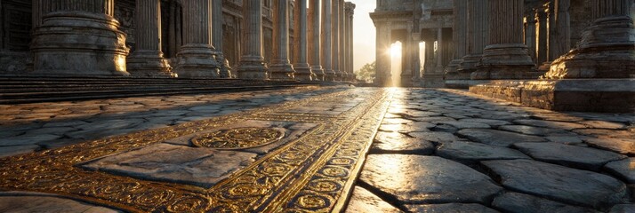 Ancient stone pathway with golden inlay, sunlight streams through columns