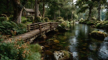 Idyllic japanese bridge with stone path high resolution image