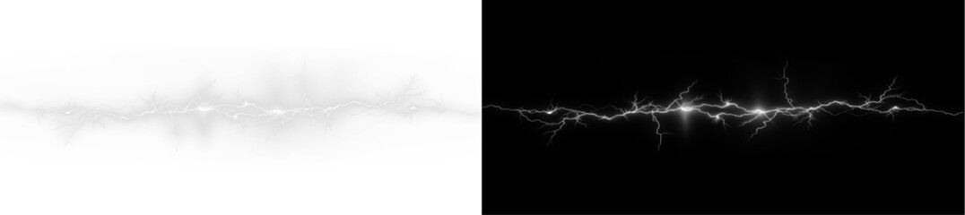 Lightning, electric, bolt, background, effect PNG. Isolated thunder flash PNG on dark transparent Overlay. High quality storm power energy strike for dramatic design.