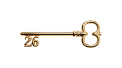 Elegant Golden Vintage Key with Number 26 Detail Isolated