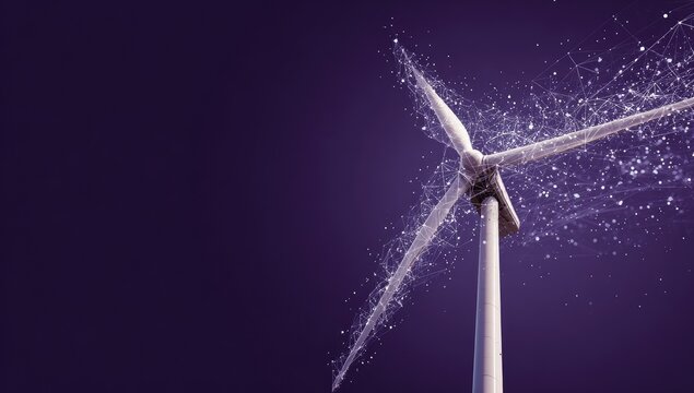 Digital wind turbine against a purple sky