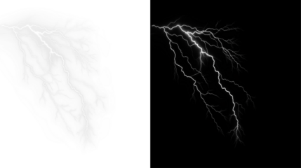 Lightning, electric, bolt, background, effect PNG. Isolated thunder flash PNG on dark transparent Overlay. High quality storm power energy strike for dramatic design.