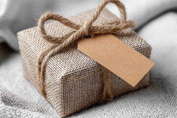 A small, square gift box, wrapped in a beige burlap fabric, tied with a natural twine bow, and featuring a blank tan tag.  The box sits on a similar textured, light gray fabric