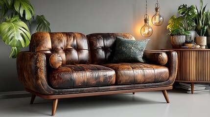 Modern brown leather sofa with wooden legs high resolution image