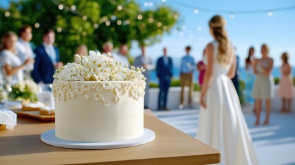 White wedding cake with delicate flower decorations at outdoor summer ceremony with bride and guests