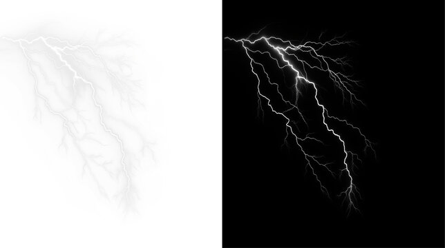 Lightning, electric, bolt, background, effect PNG. Isolated thunder flash PNG on dark transparent Overlay. High quality storm power energy strike for dramatic design.