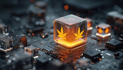 A glowing cube, depicting cannabis leaves, sits atop a circuit board