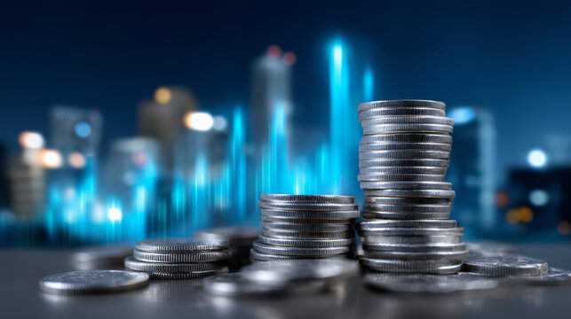 Stack of silver coins with glowing blue financial graph in background showing global market trends and copper investment growth - Powered by Adobe