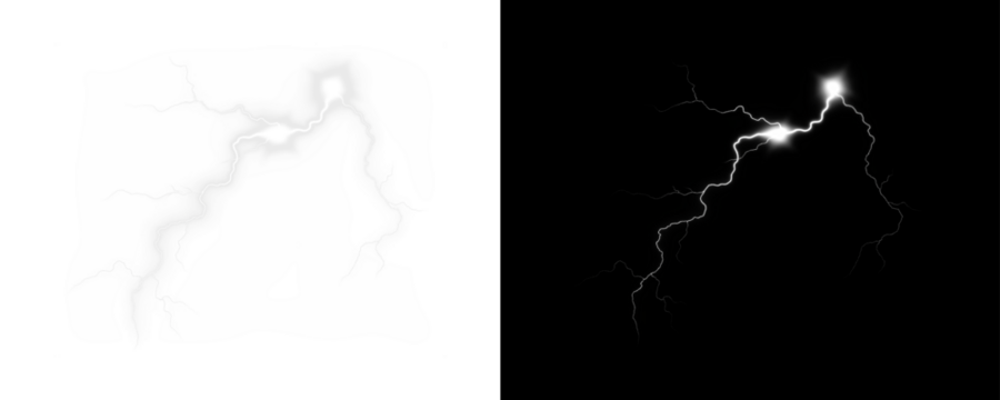 Bolt, lightning, electric, strike, energy — shining PNG flash effect. Glowing lightning PNG with Overlay on transparent background for weather, thunderstorm, shock, and power visuals.