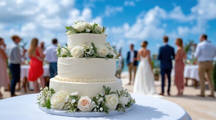 Elegant white wedding cake with fresh roses and greenery at outdoor beach wedding celebration