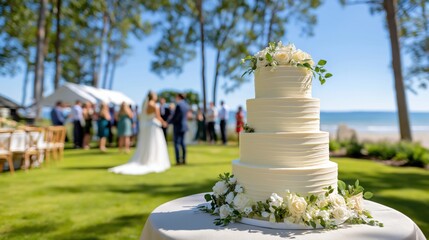 Four-tier white wedding cake with fresh roses and greenery at elegant outdoor beachside ceremony