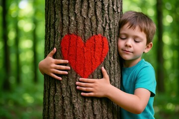 Little Boy Embracing Heart Tree in Green Forest Depicts love for nature, childhood innocence, and simple happiness in outdoor setting, embodying environmental consciousness.